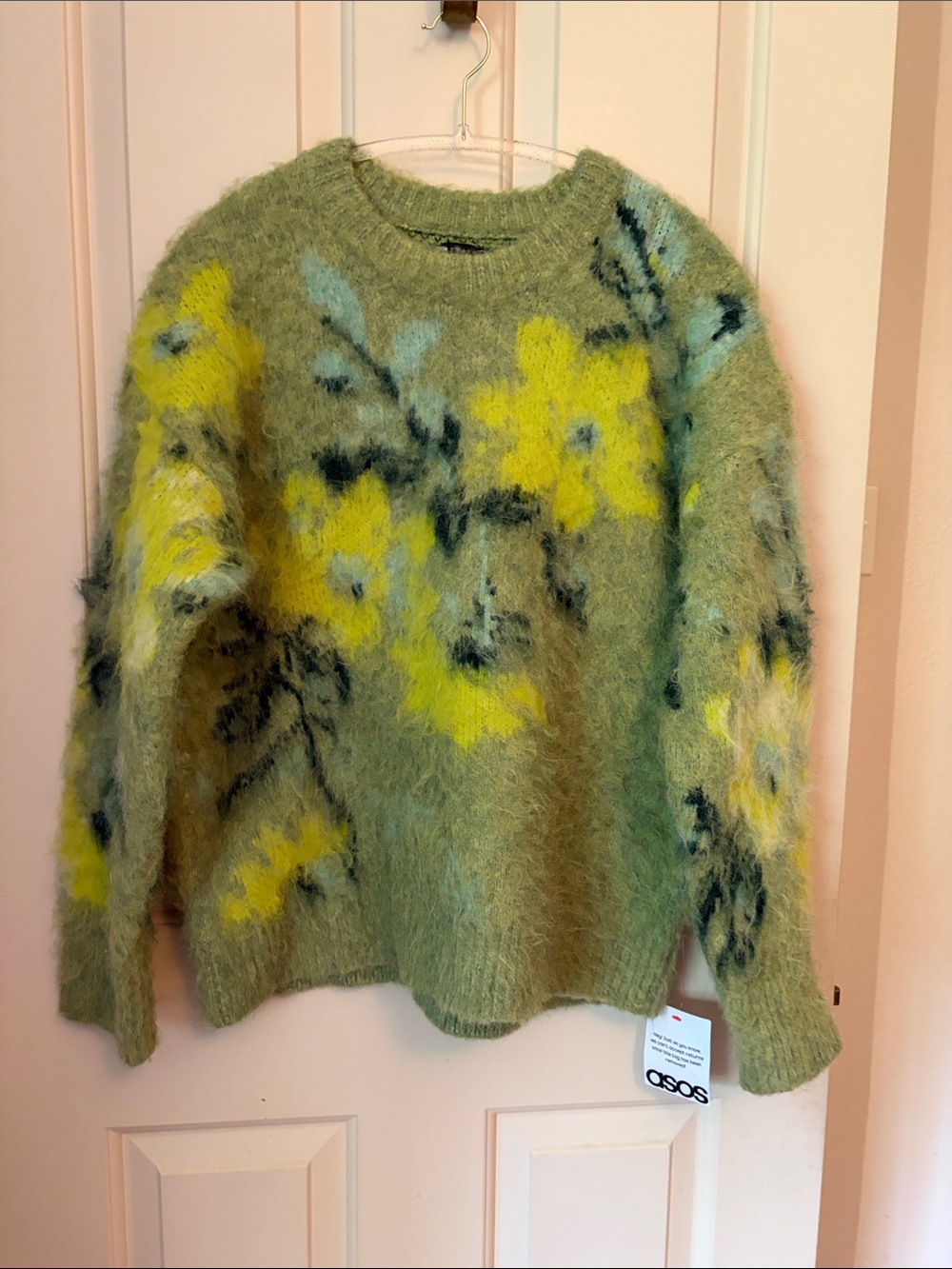 ASOS Green Fuzzy Floral Crewneck Sweater with Yellow Blooms
